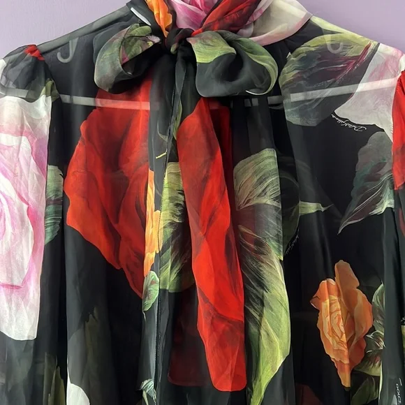 Dolce & Gabbana Black Roses Tie Neck Blouse - Picture 6 of 10
